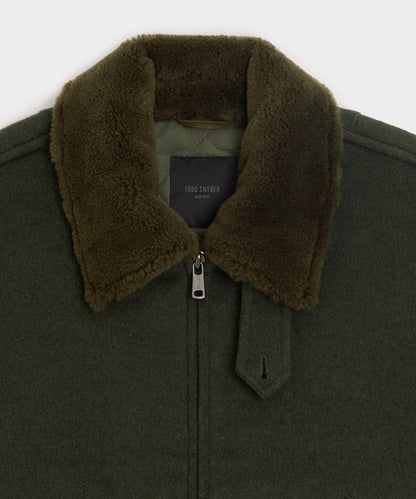 Shearling Collar Wool Bomber Jacket - Olive