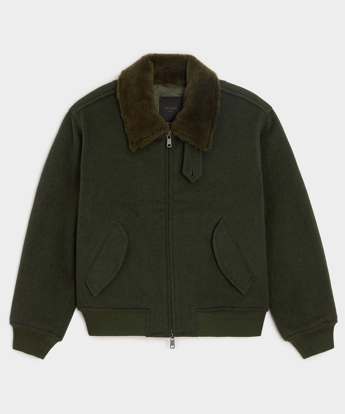 Shearling Collar Wool Bomber Jacket - Olive