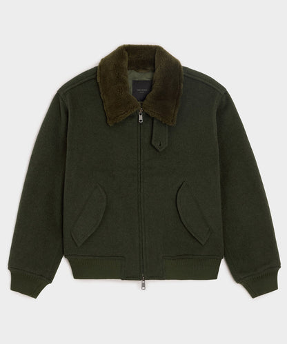 Shearling Collar Wool Bomber Jacket - Olive