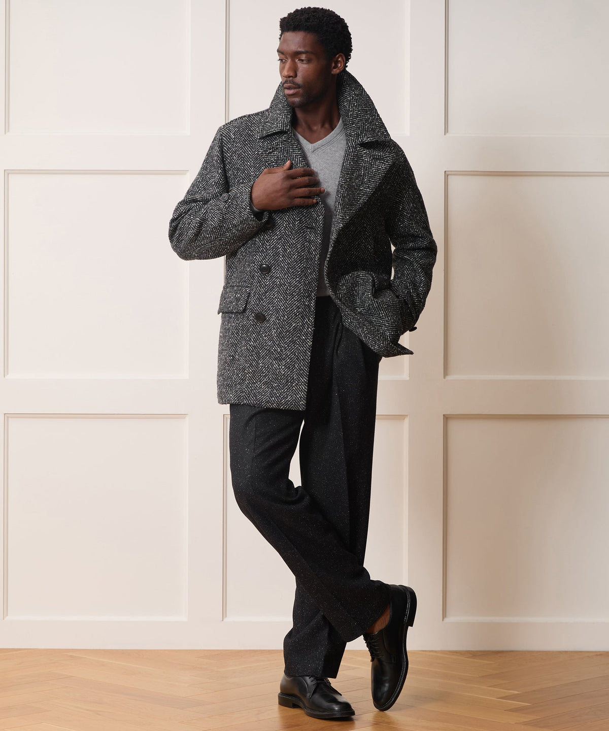 Italian Herringbone Peacoat - Dark Charcoal