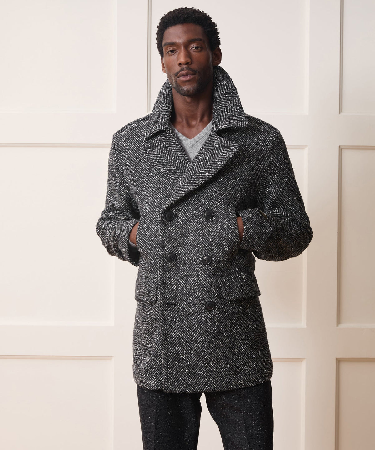 Italian Herringbone Peacoat - Dark Charcoal