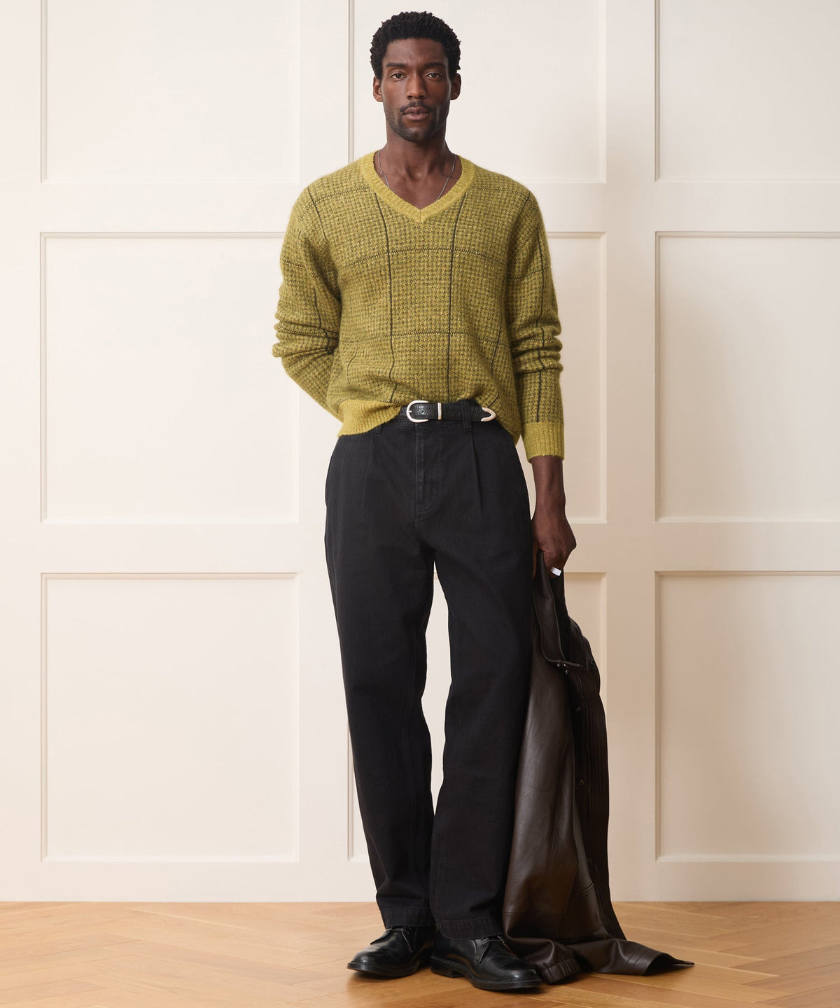 Glen Plaid V-Neck Sweater - Bitter Gold