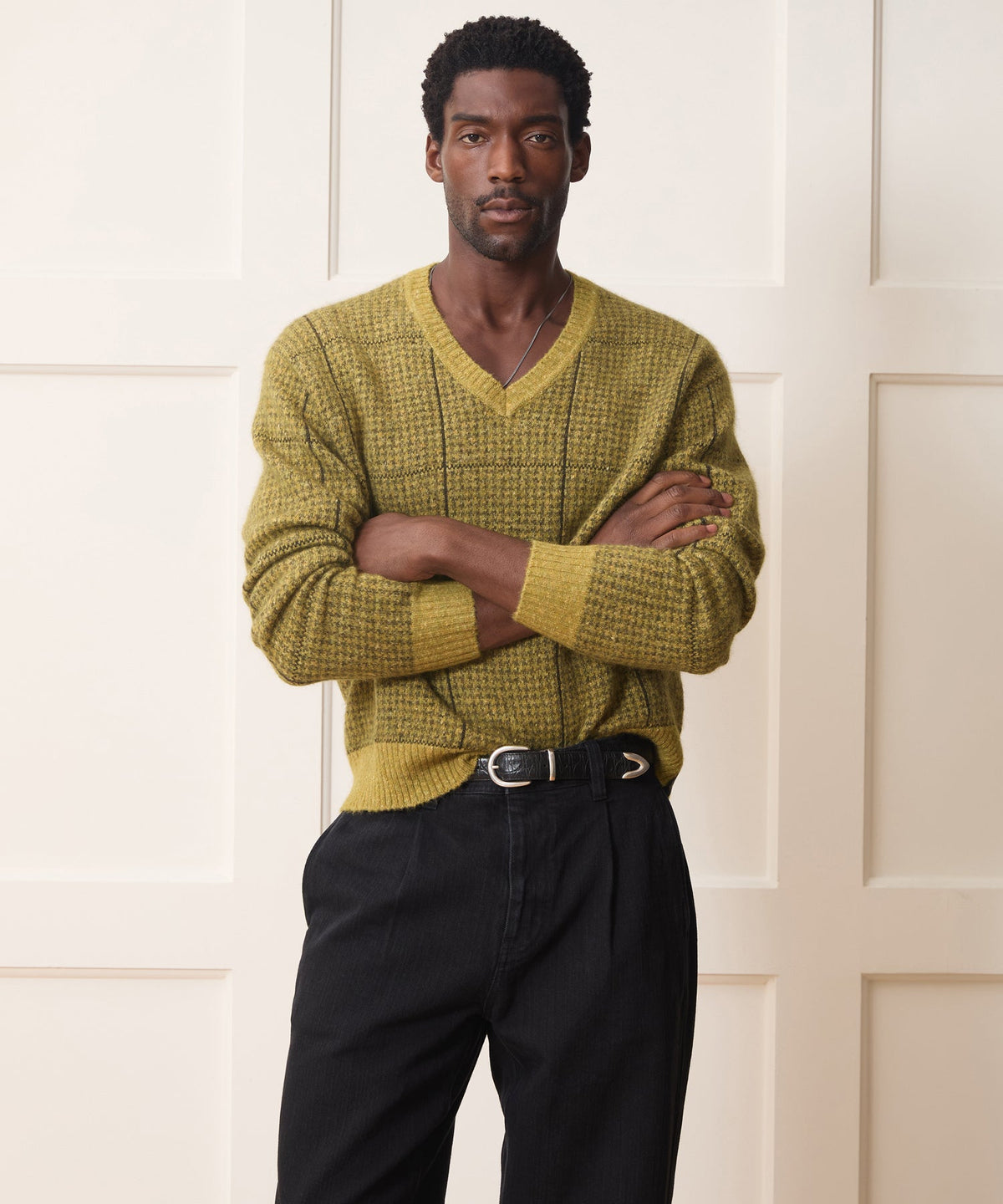 Glen Plaid V-Neck Sweater - Bitter Gold