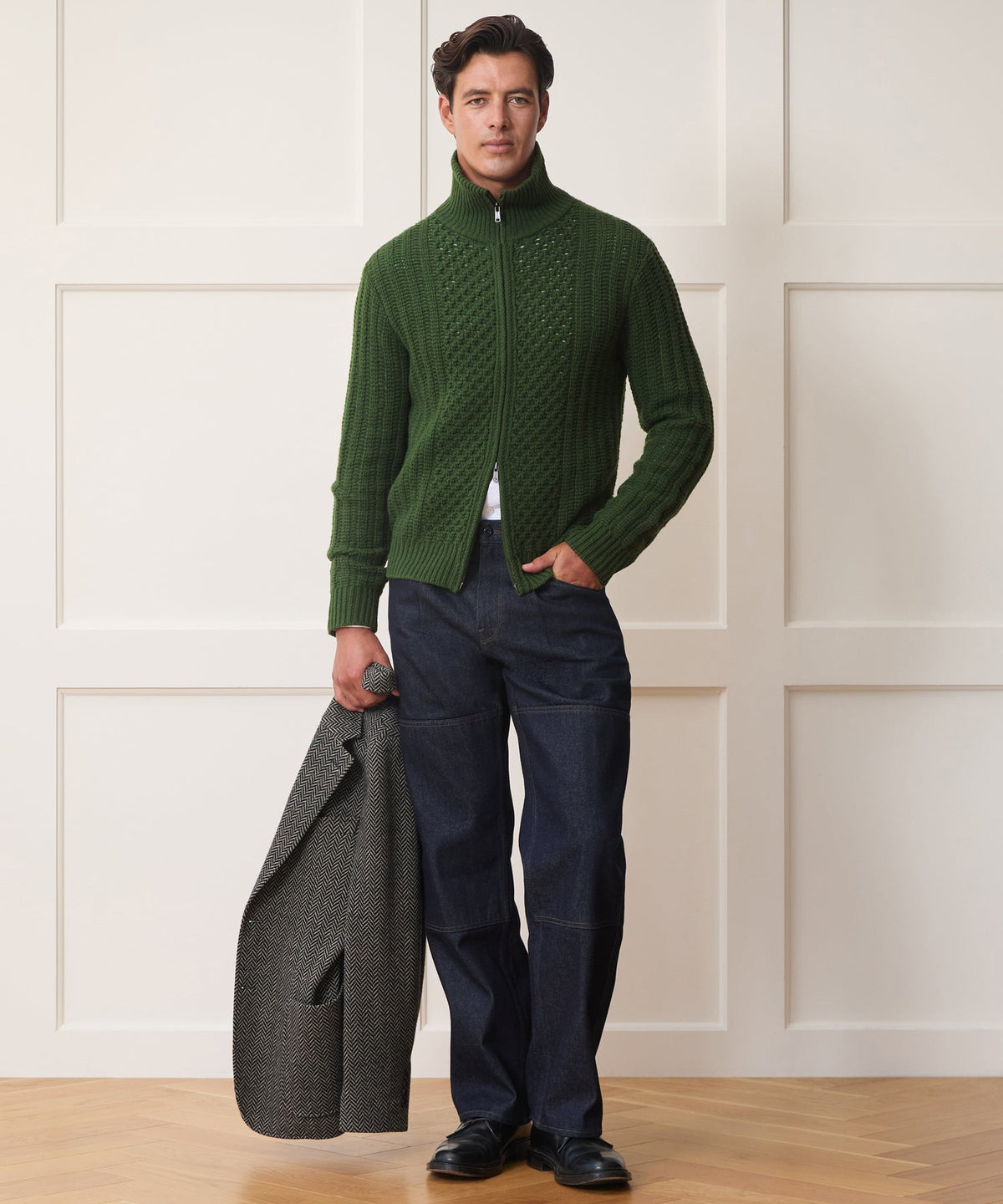 Lattice Mockneck Sweater Jacket - Forest Green