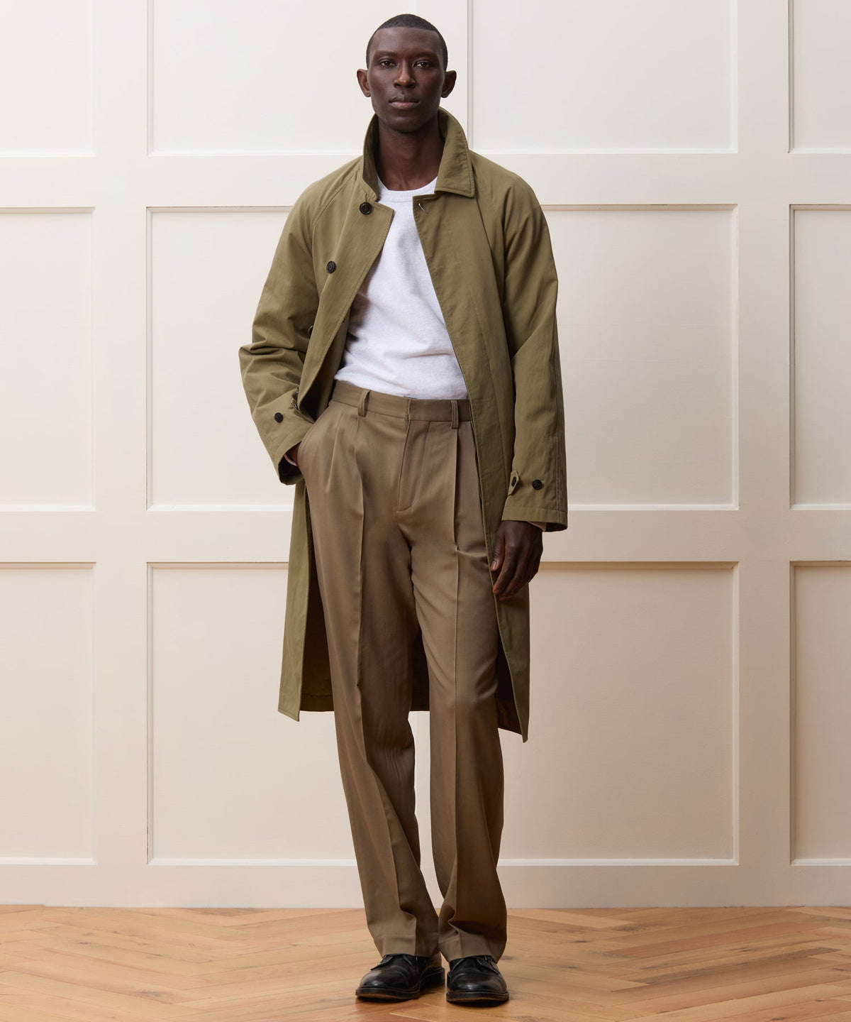 Italian Belted Balmacaan Trench Coat - Olive