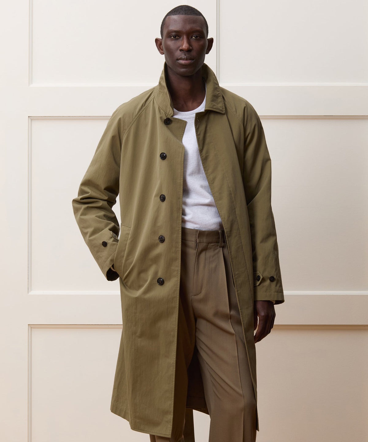 Italian Belted Balmacaan Trench Coat - Olive