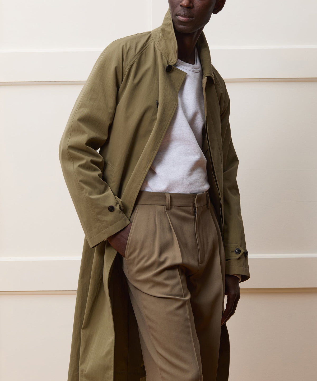 Italian Belted Balmacaan Trench Coat - Olive