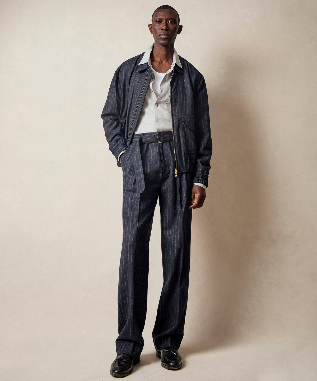 Italian Wool Self Belt Trouser - Navy