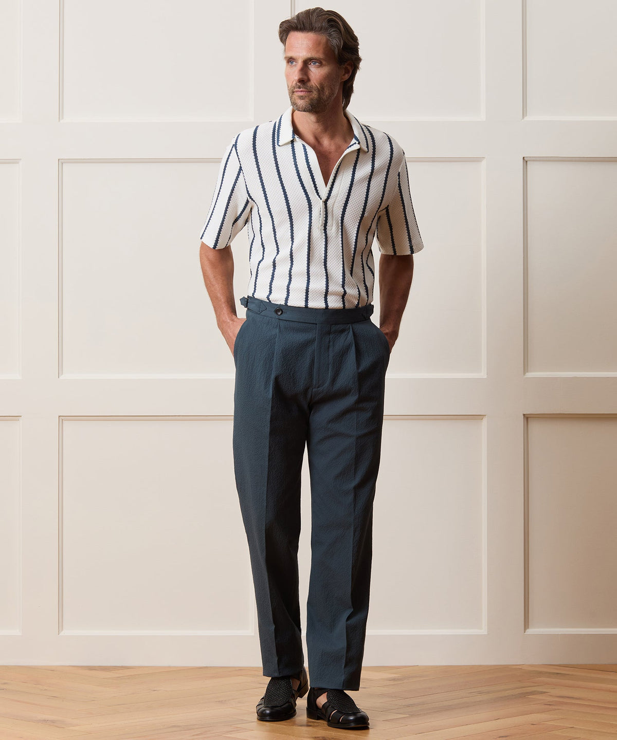 Italian Seersucker Side Tab Trouser - Antique Teal