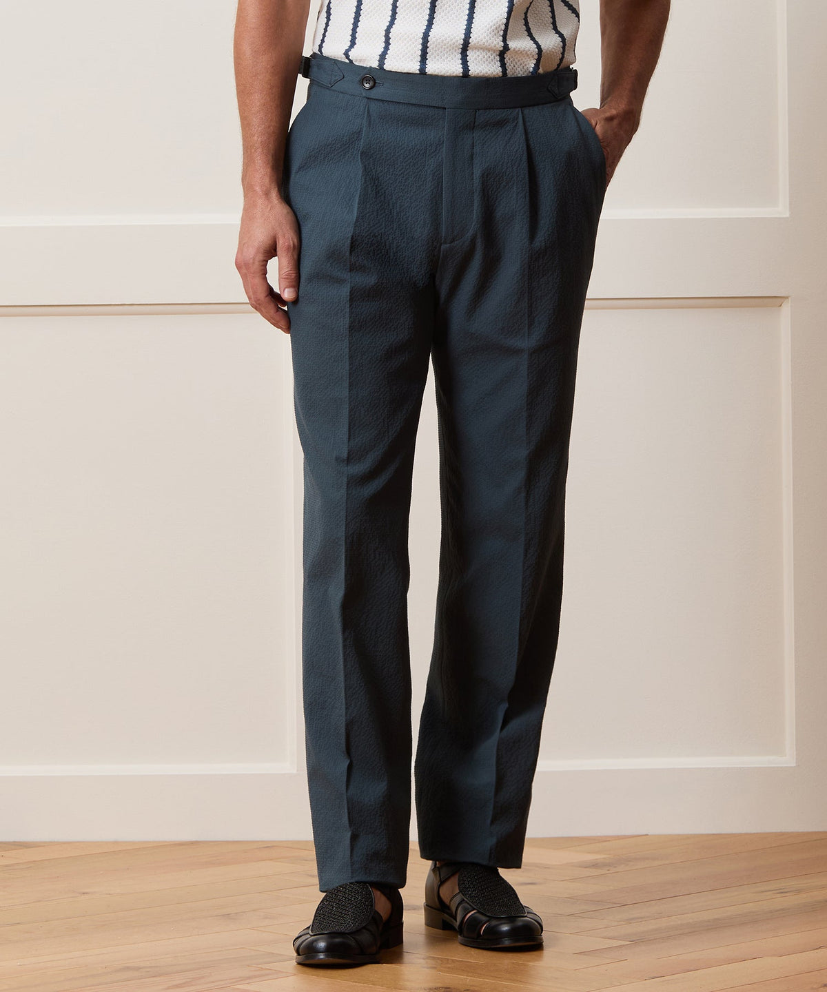 Italian Seersucker Side Tab Trouser - Antique Teal