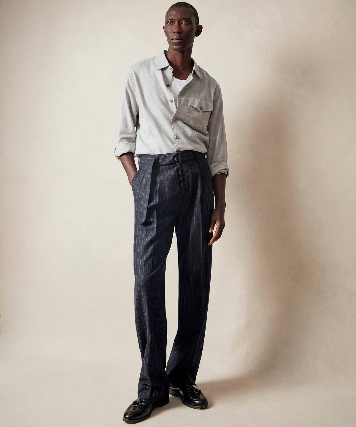 Italian Wool Self Belt Trouser - Navy