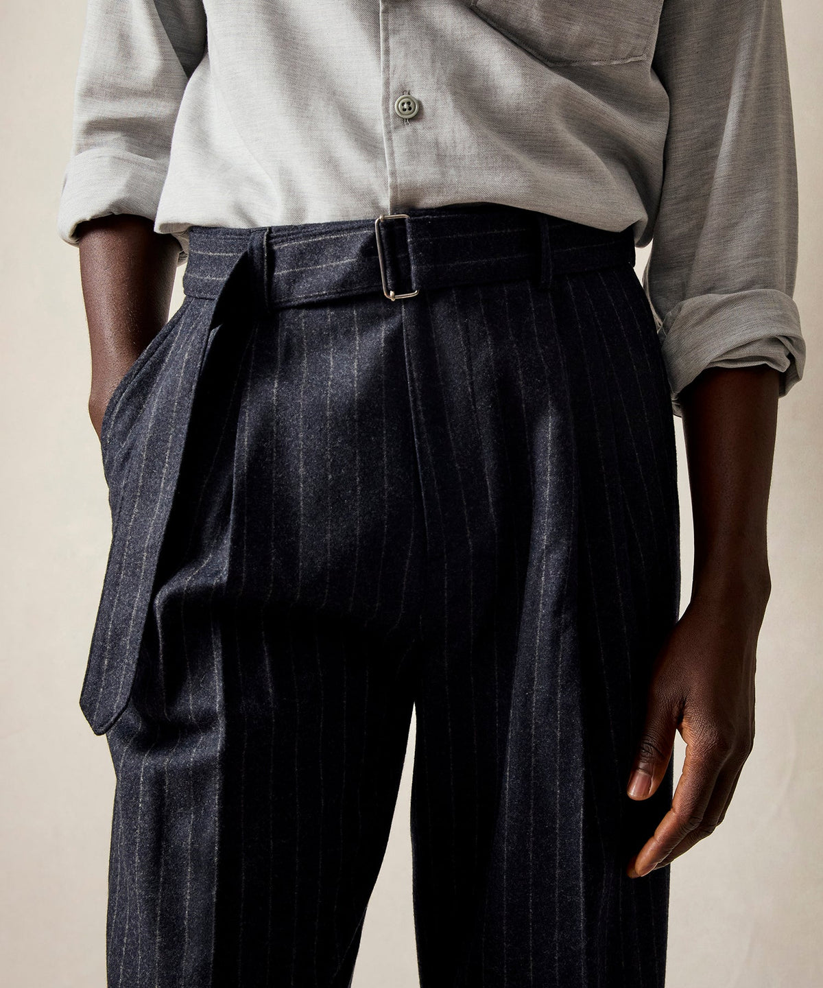 Italian Wool Self Belt Trouser - Navy
