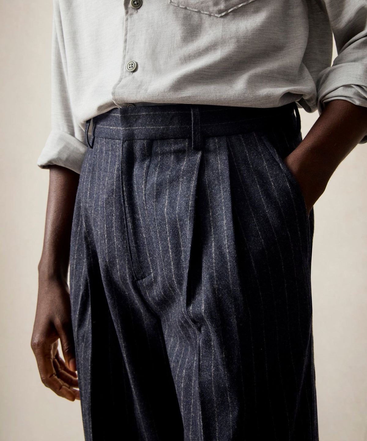 Italian Wool Self Belt Trouser - Navy