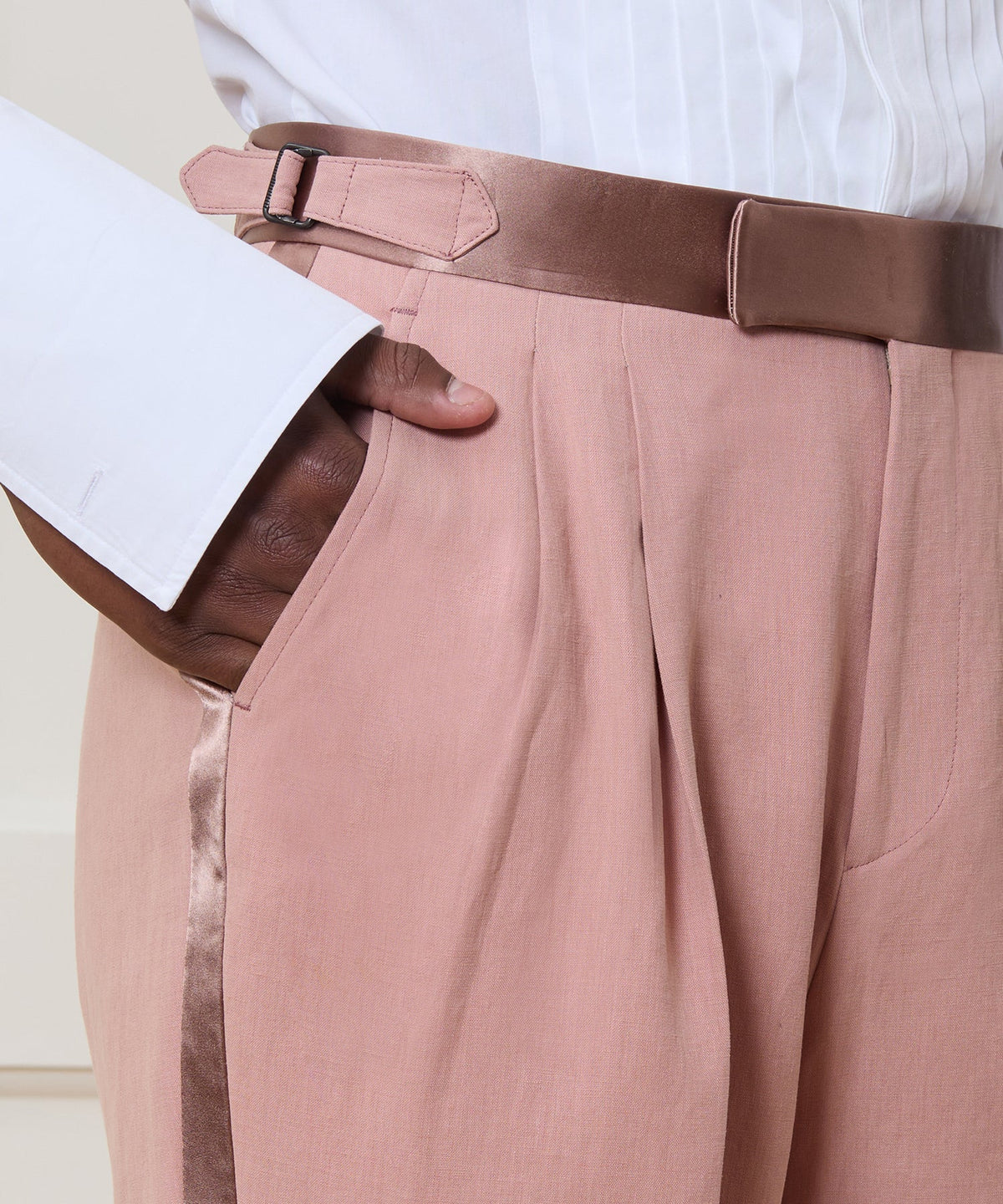 Relaxed Italian Sueded Linen Tuxedo Trouser - Dusty Rose