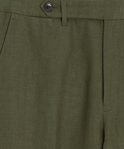 Straight Fit Linen Tab Trouser - Green Laurel