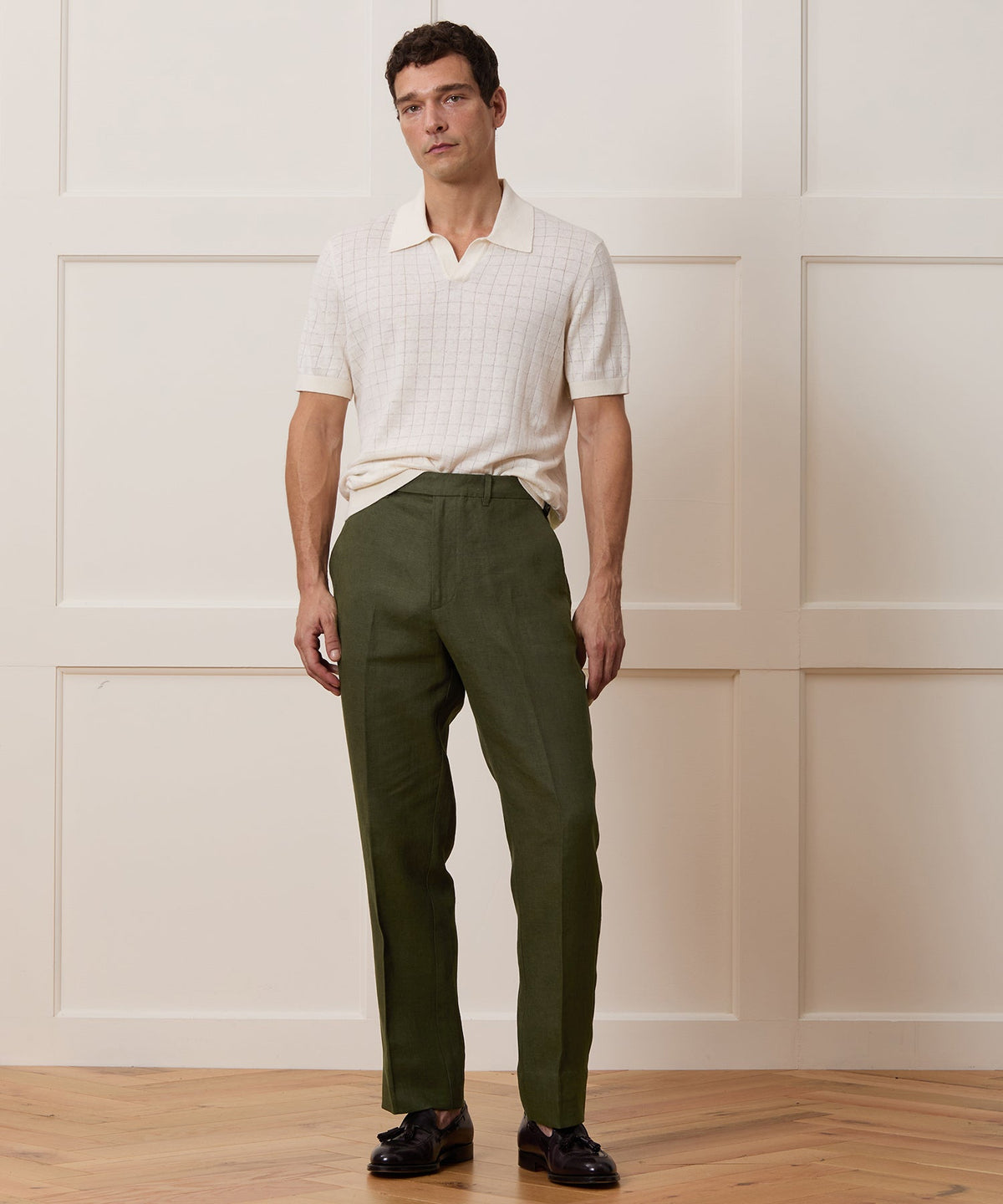 Straight Fit Linen Tab Trouser - Green Laurel