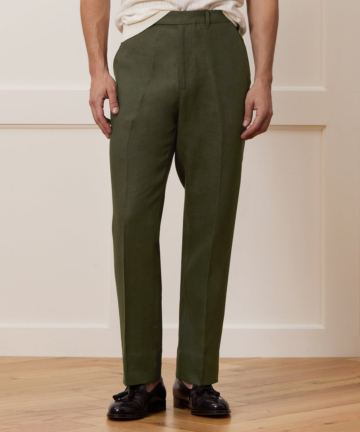 Straight Fit Linen Tab Trouser - Green Laurel