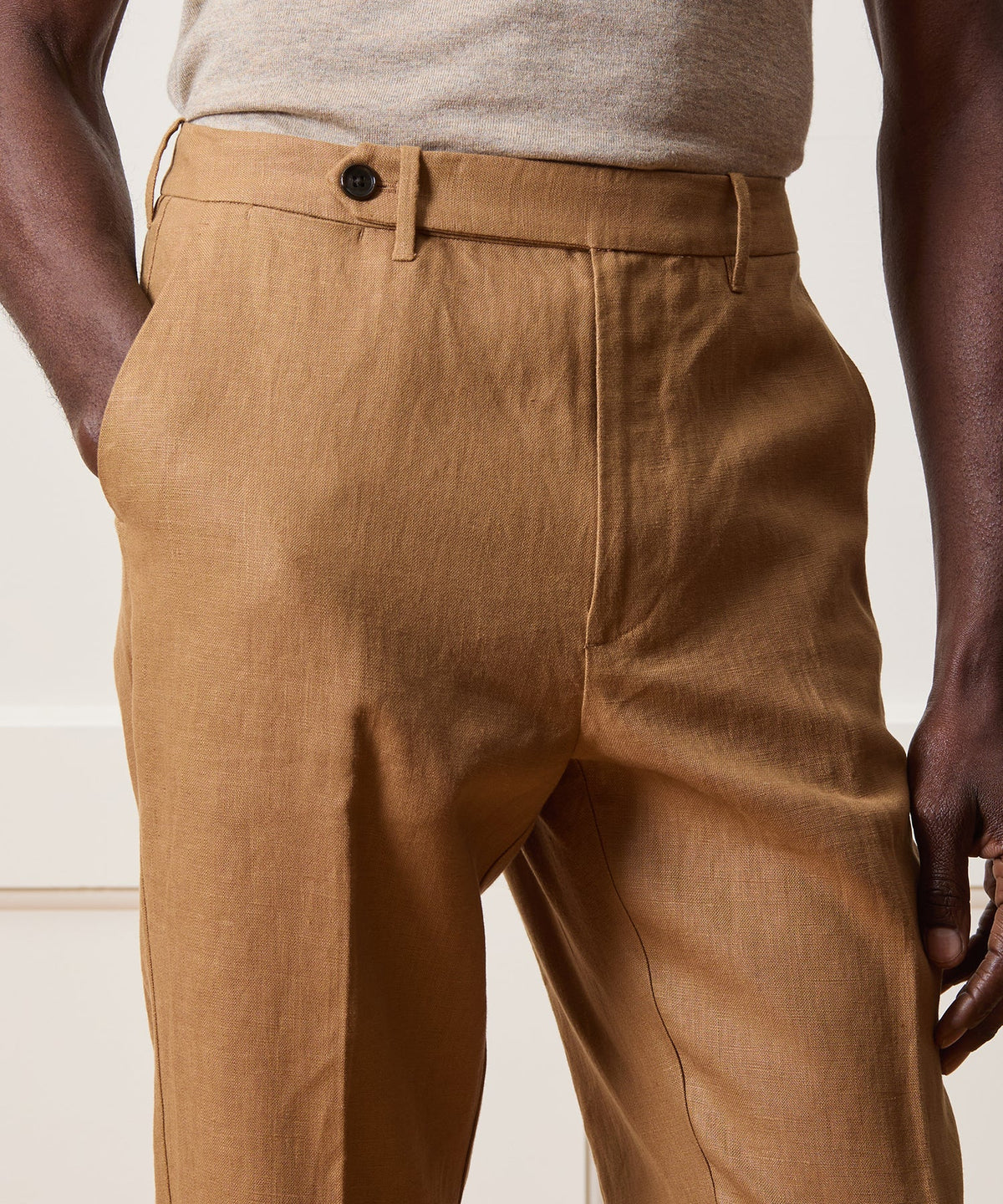 Straight Fit Linen Tab Trouser - Mojave Gold