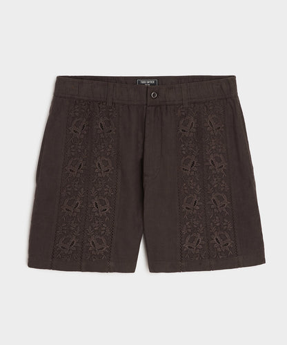 5" Embroidered Linen Beachcomber Short - Caviar