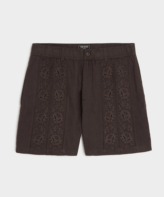 5" Embroidered Linen Beachcomber Short - Caviar