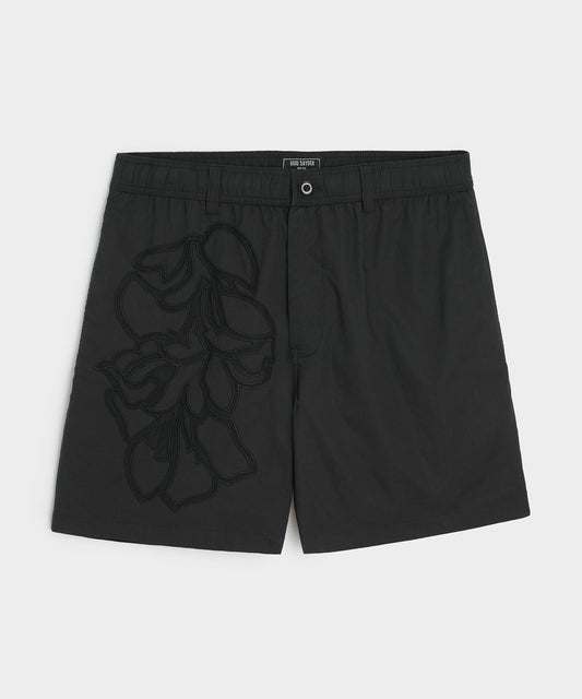 5" Floral Cotton Beachcomber Short - Black
