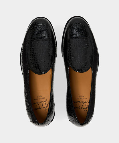 Jacques Solovière Leather Croc Stamp Loafer - Black