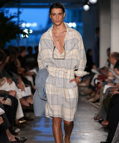 Italian Linen Plaid Big Shirt - Cream