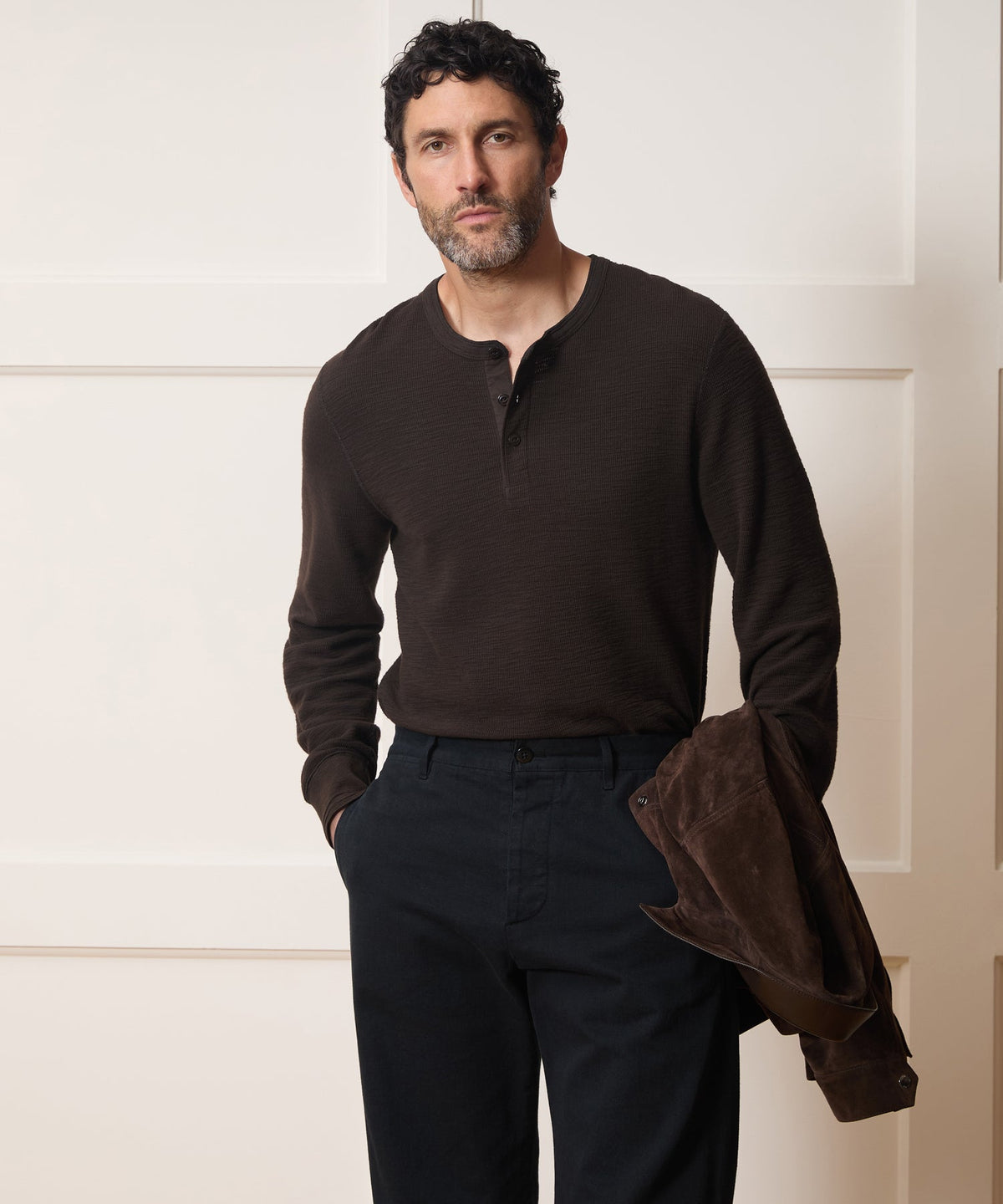 Lightweight Mini Waffle Henley - Espresso Bean