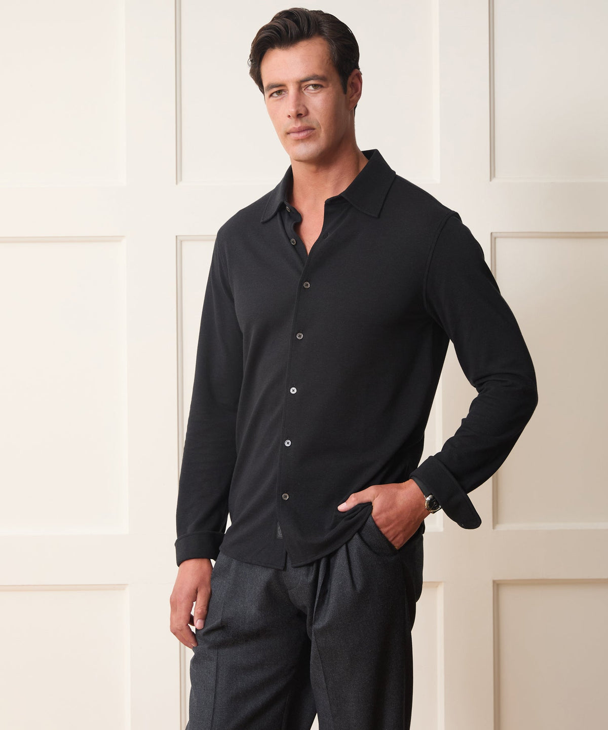 Cotton-Cashmere Pique Shirt - Black