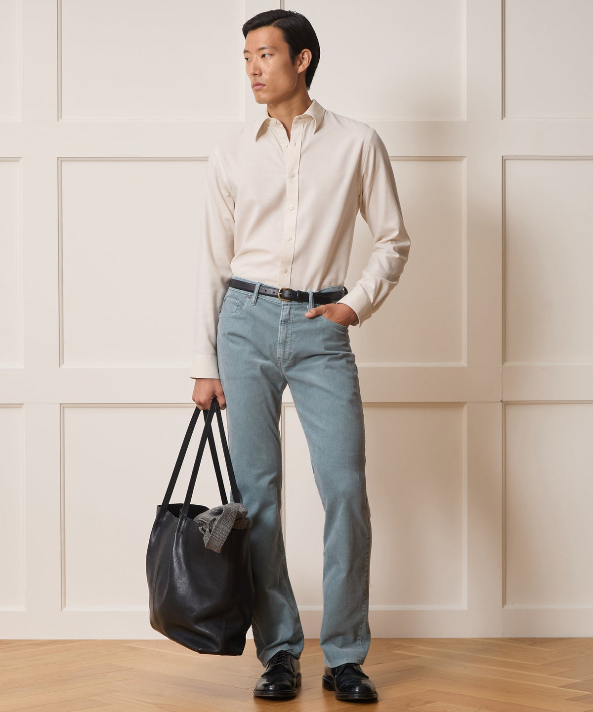 Italian Featherweight Flannel Long Point Collar Dress Shirt - Cream