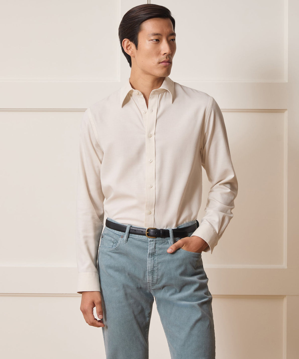 Italian Featherweight Flannel Long Point Collar Dress Shirt - Cream