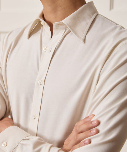 Italian Featherweight Flannel Long Point Collar Dress Shirt - Cream