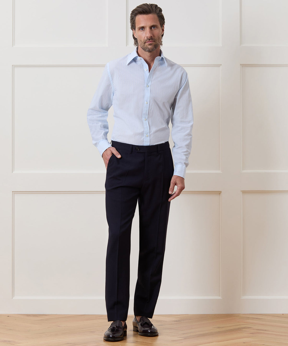 Seersucker Long Point Collar Dress Shirt - Blue