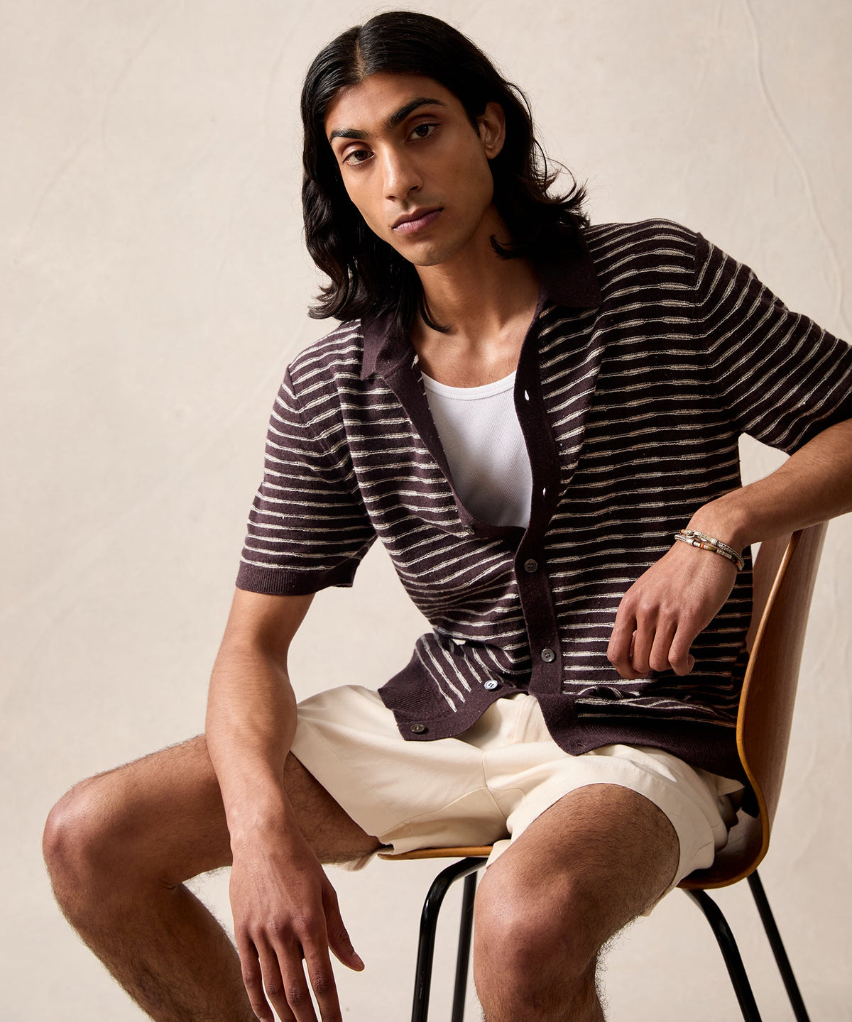 Wave Stripe Full-Placket Polo - Umber