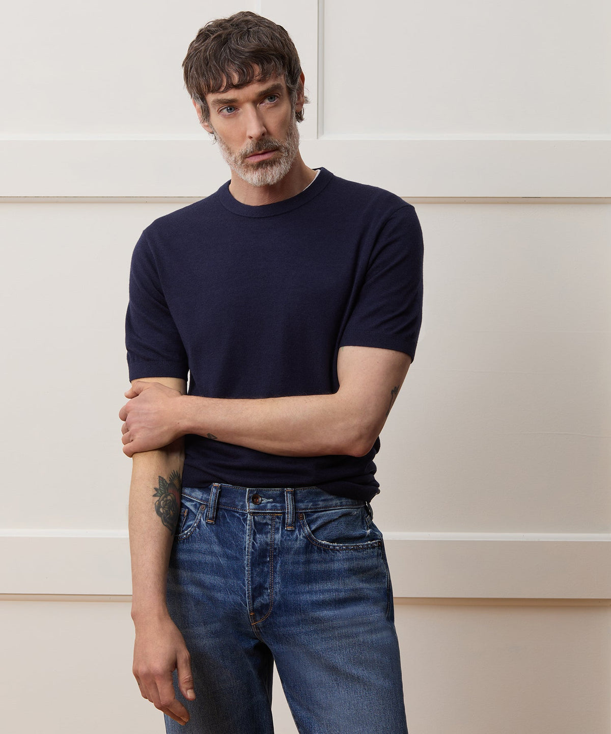Silk-Cashmere Sweater Tee - Navy