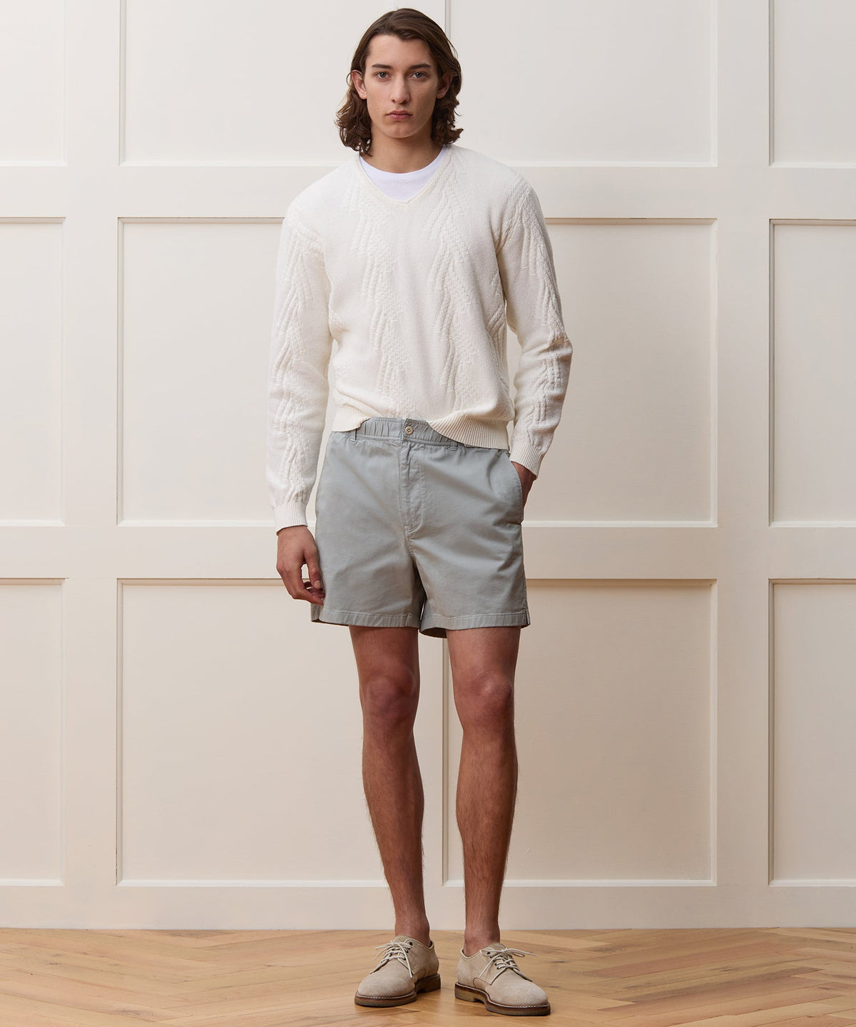 Cotton V-Neck Fisherman Sweater - New White