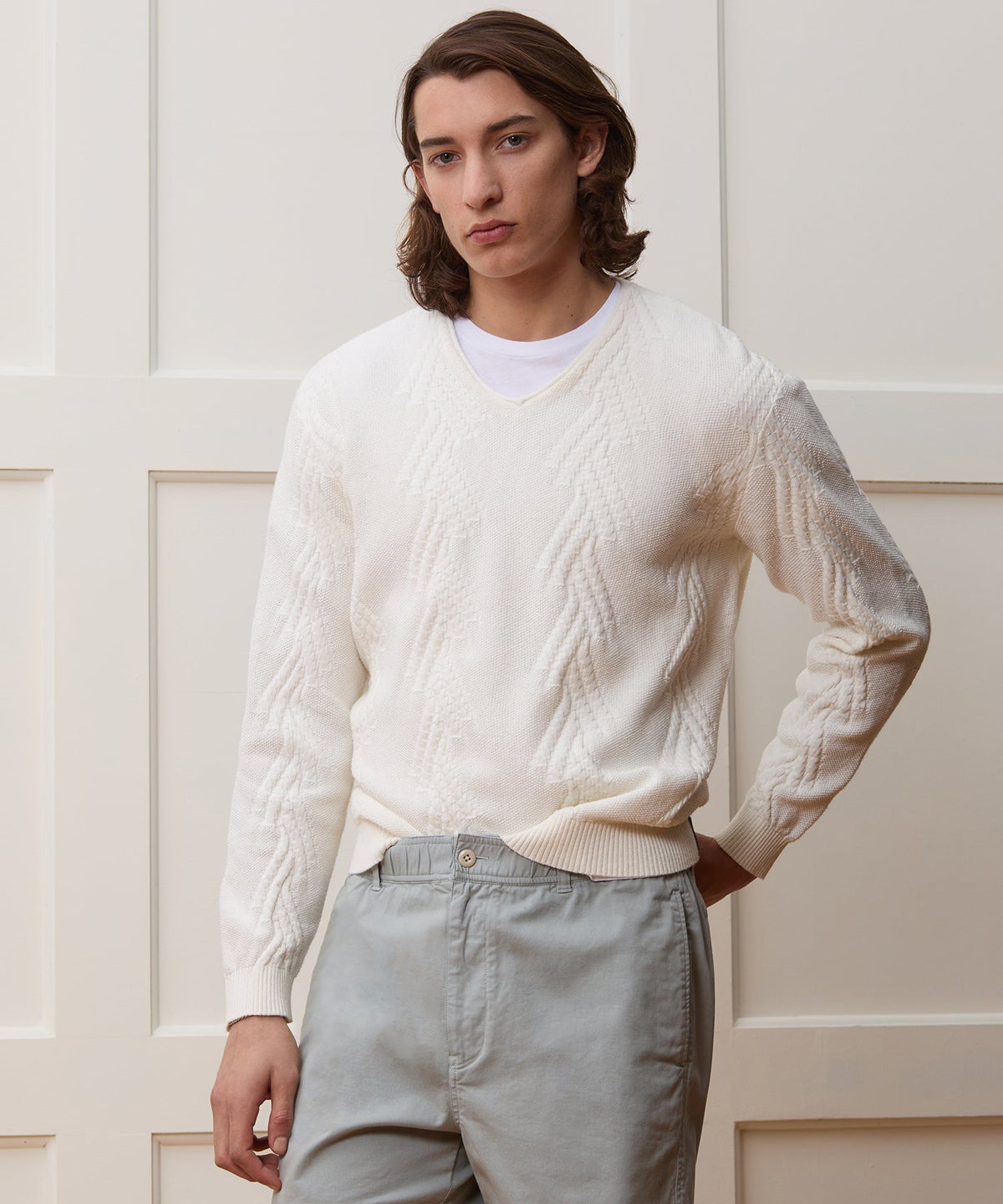 Cotton V-Neck Fisherman Sweater - New White