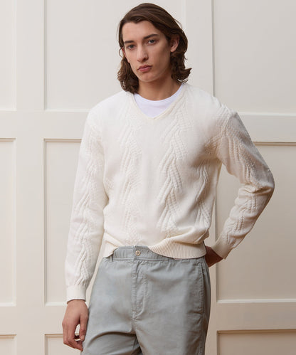 Cotton V-Neck Fisherman Sweater - New White
