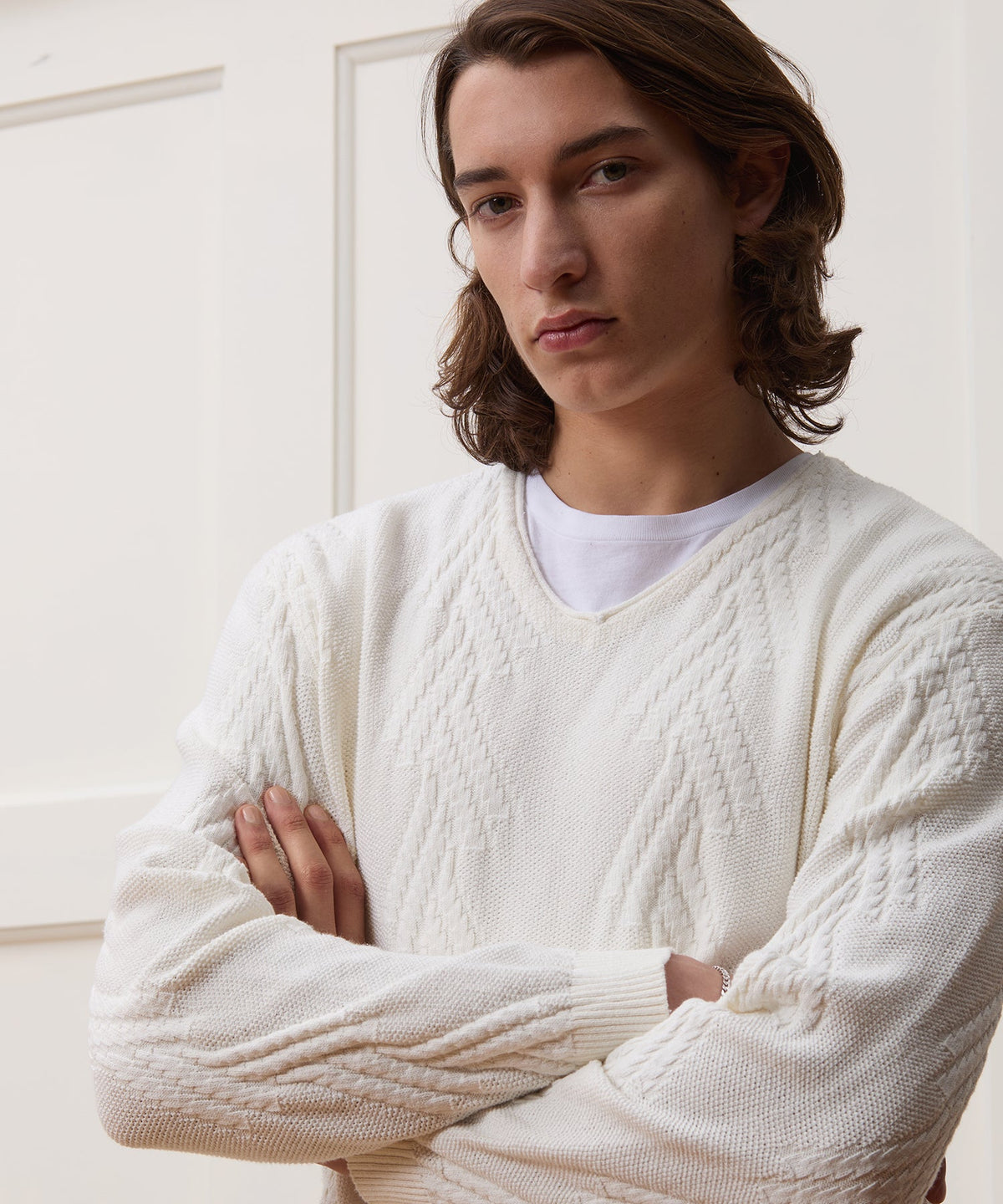 Cotton V-Neck Fisherman Sweater - New White