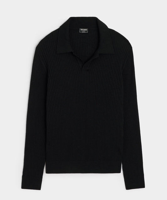 Silk-Cashmere Ribbed Montauk Sweater Polo - Black