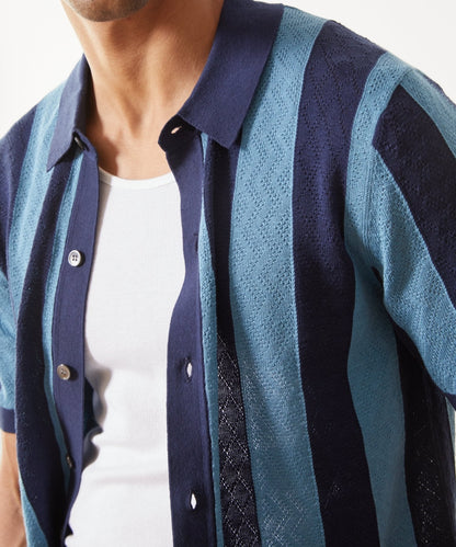 Silk-Cotton Striped Full-Placket Sweater Polo - Sail Blue