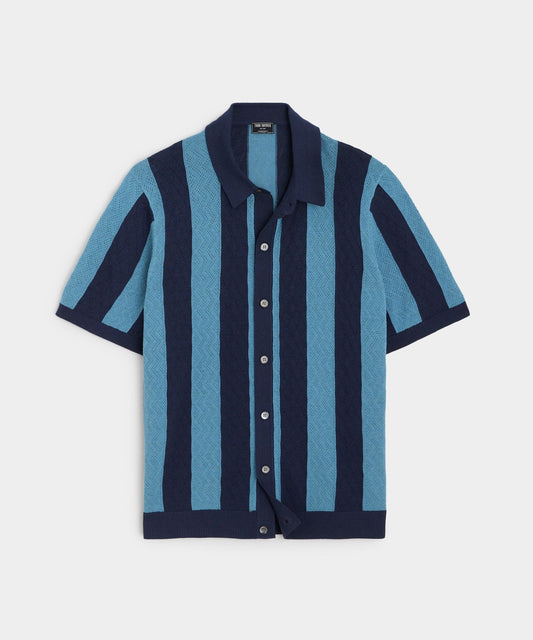 Silk-Cotton Striped Full-Placket Sweater Polo - Sail Blue