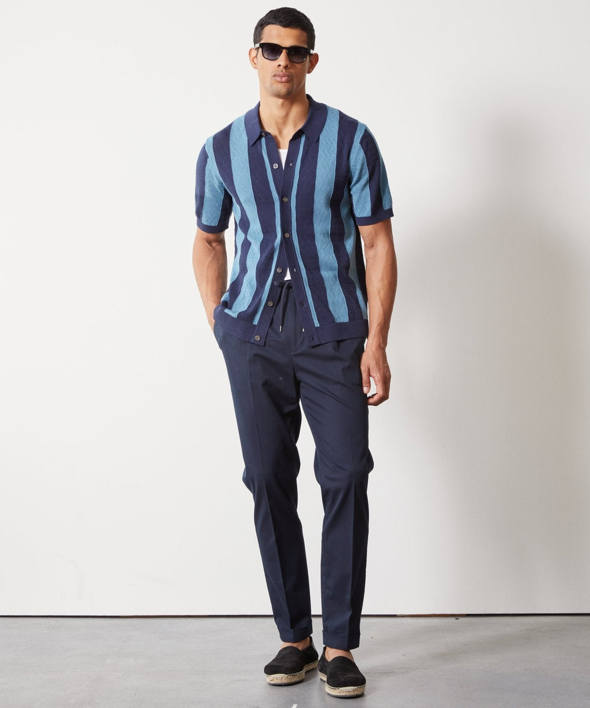 Silk-Cotton Striped Full-Placket Sweater Polo - Sail Blue