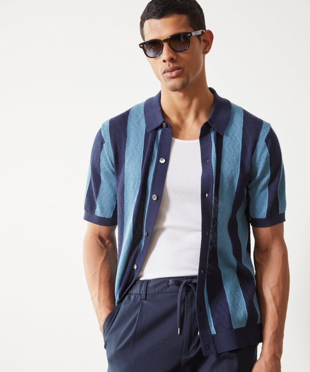 Silk-Cotton Striped Full-Placket Sweater Polo - Sail Blue