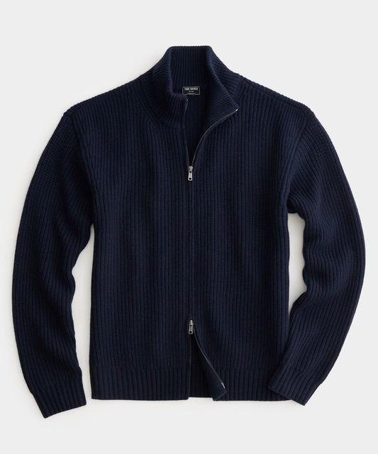 Full-Zip Mock Neck Cashmere Sweater - Navy