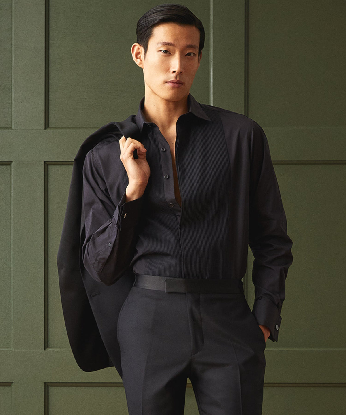 Hamilton + Todd Snyder Cotton Pleated Spread Collar Tuxedo Shirt - Black