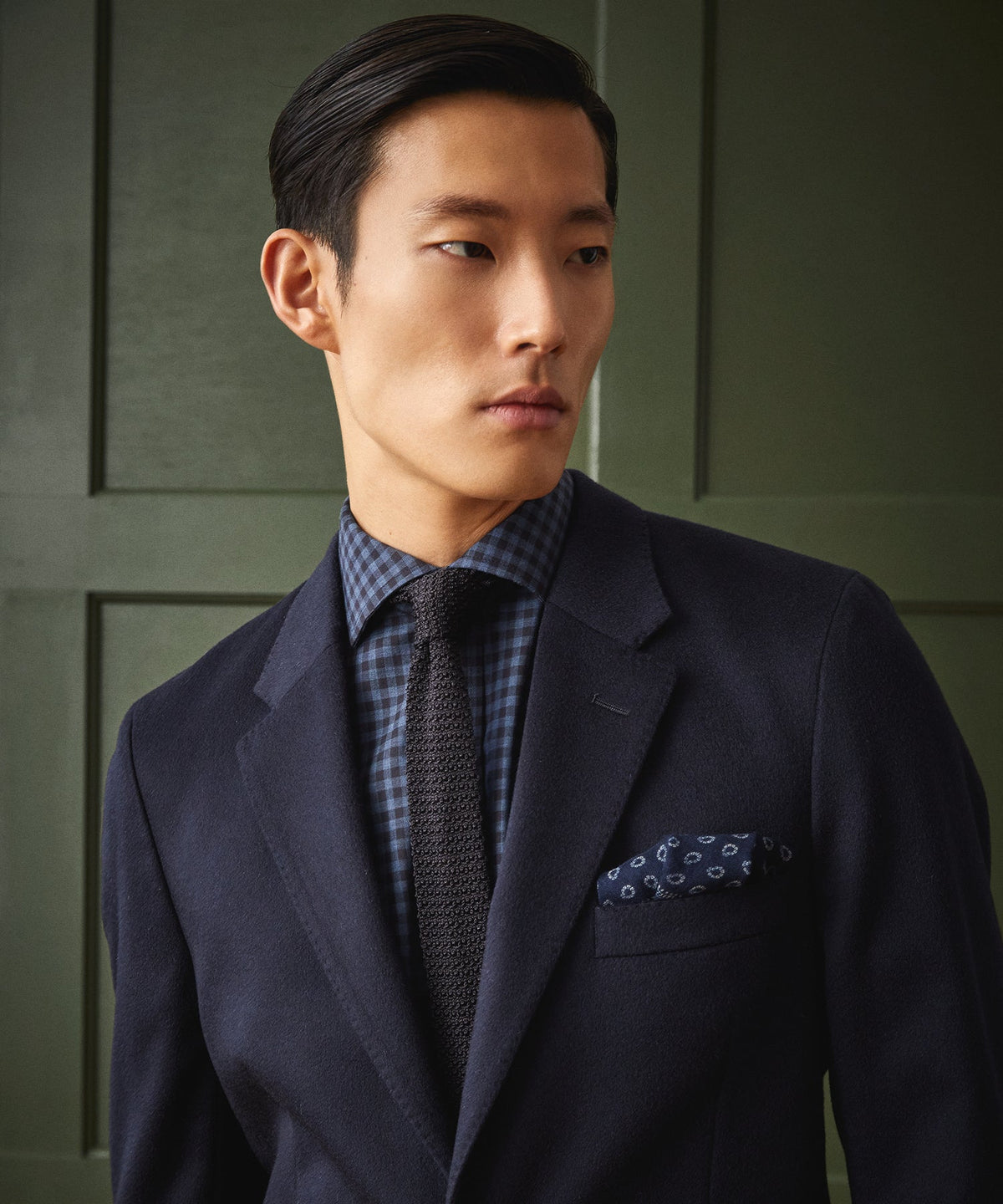 Slim Fit Flannel Spread Collar Dress Shirt - Navy
