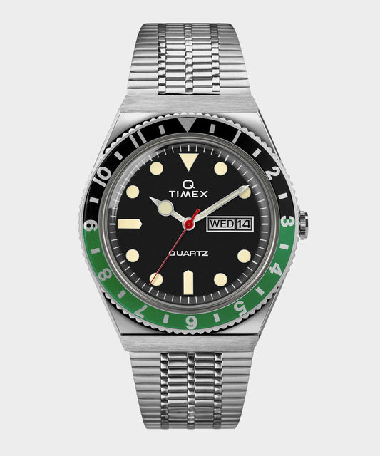 Q Timex Reissue Black Dial with Black/Green Bezel Bracelet Watch - Black