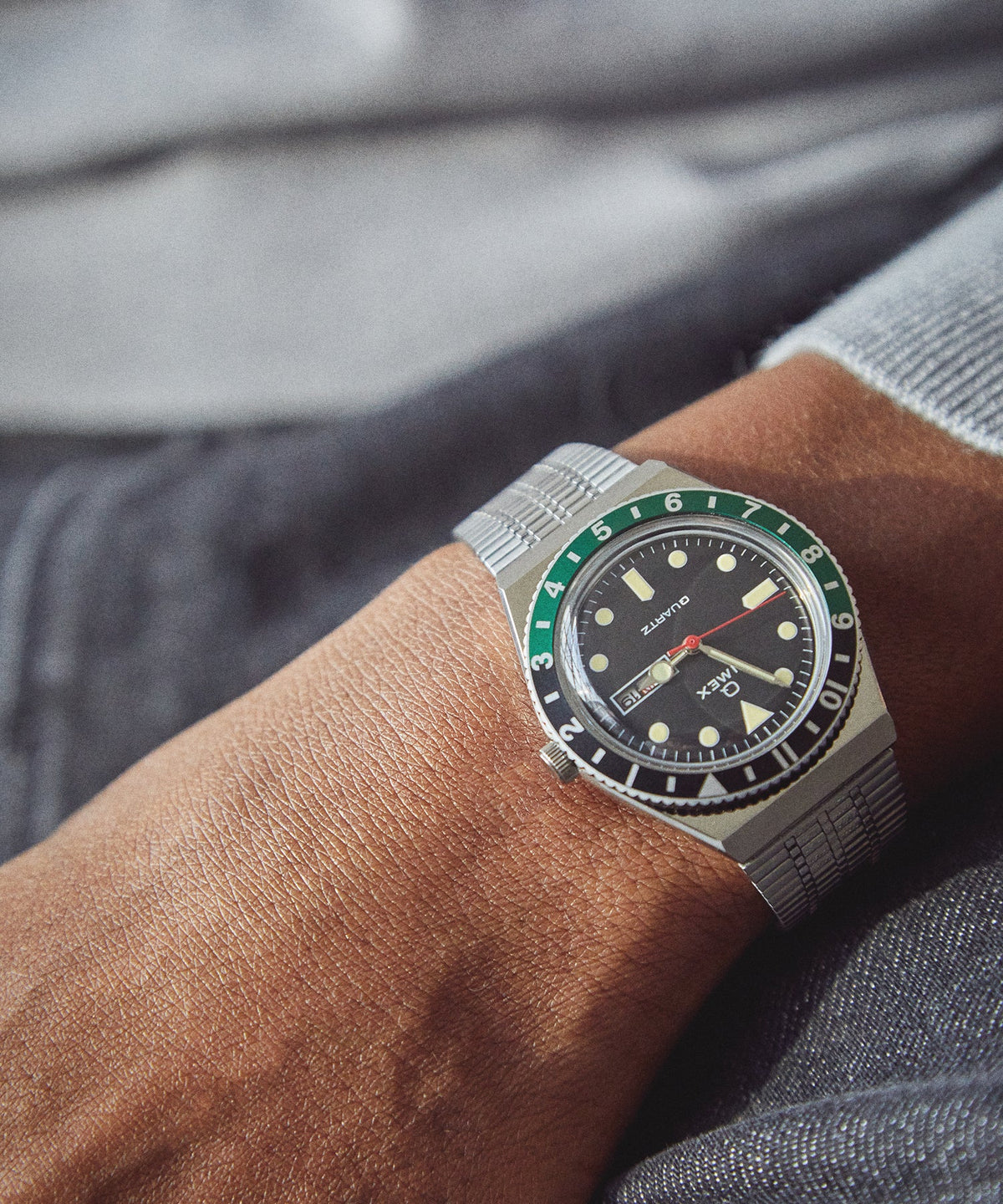 Q Timex Reissue Black Dial with Black/Green Bezel Bracelet Watch - Black