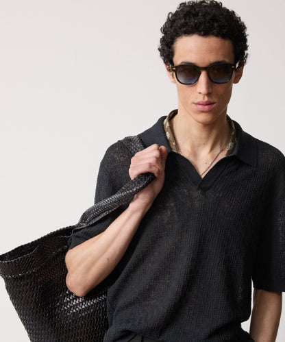 Textured Linen Montauk Sweater Polo - Black